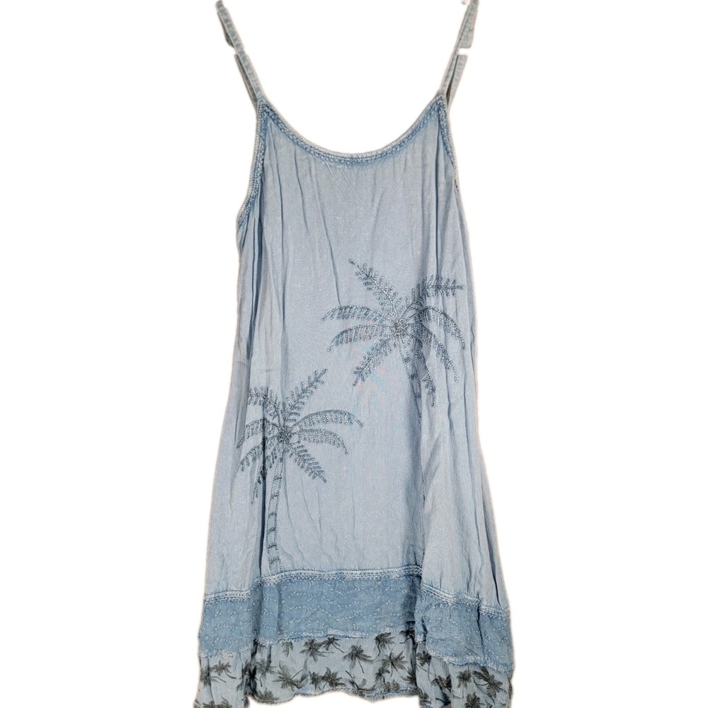 Raya Sun Embroidered Palm Tree Sundress Womens XL Blue Chambray Beach Cover Up